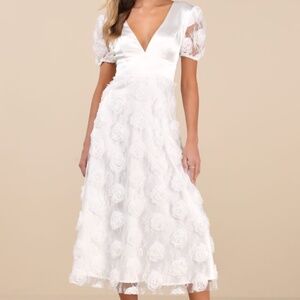 Lulus Gorgeous Elevation White Lace Rosette Puff Sleeve Midi Dress - Size M